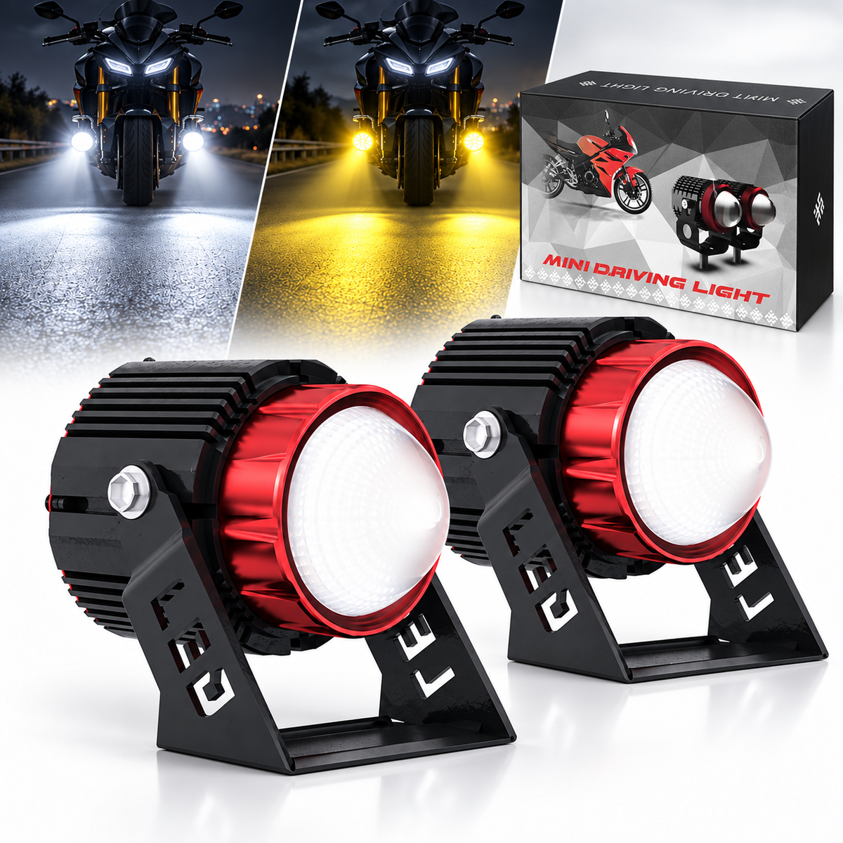 Lot de 2 Projecteurs LED de Moto 36W Double Couleur TD35 - طقم كشافات ضباب ليد مزدوجة اللون للدراجات النارية