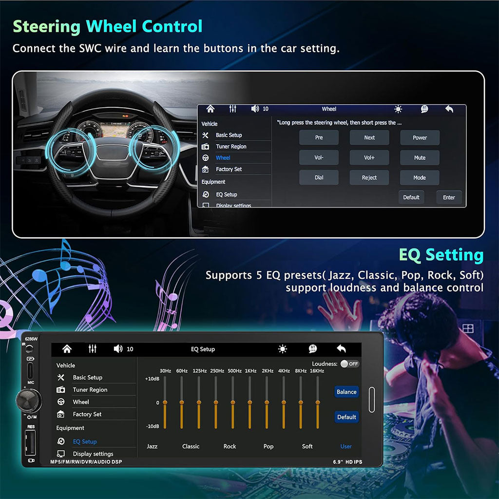 Autoradio 1 DIN avec écran Tactile de 6,9 Pouces Compatible avec Apple CarPlay Wireless/Android Auto - جهاز راديو سيارة