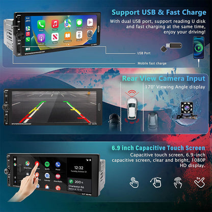 Autoradio 1 DIN avec écran Tactile de 6,9 Pouces Compatible avec Apple CarPlay Wireless/Android Auto - جهاز راديو سيارة