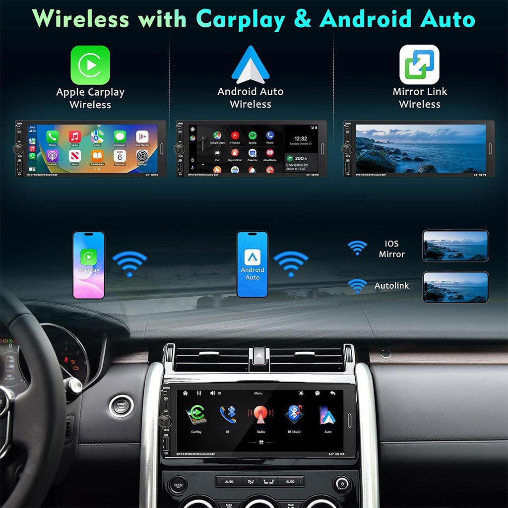 Autoradio 1 DIN avec écran Tactile de 6,9 Pouces Compatible avec Apple CarPlay Wireless/Android Auto - جهاز راديو سيارة