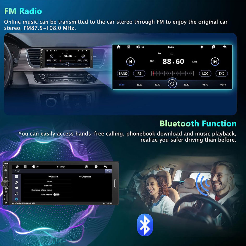 Autoradio 1 DIN avec écran Tactile de 6,9 Pouces Compatible avec Apple CarPlay Wireless/Android Auto - جهاز راديو سيارة