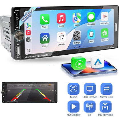 TanZot 1 DIN autoradio with 6.9-inch touchscreen, Apple CarPlay Wireless, Android Auto, MP5/DVD player for car entertainment