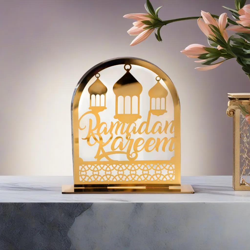 Ornements en acrylique Ramadan Kareem, lanterne étoile de lune dorée, décorations pour la maison زينة رمضان كريم أكريليك، فانوس نجمة القمر الذهبي تنزوت