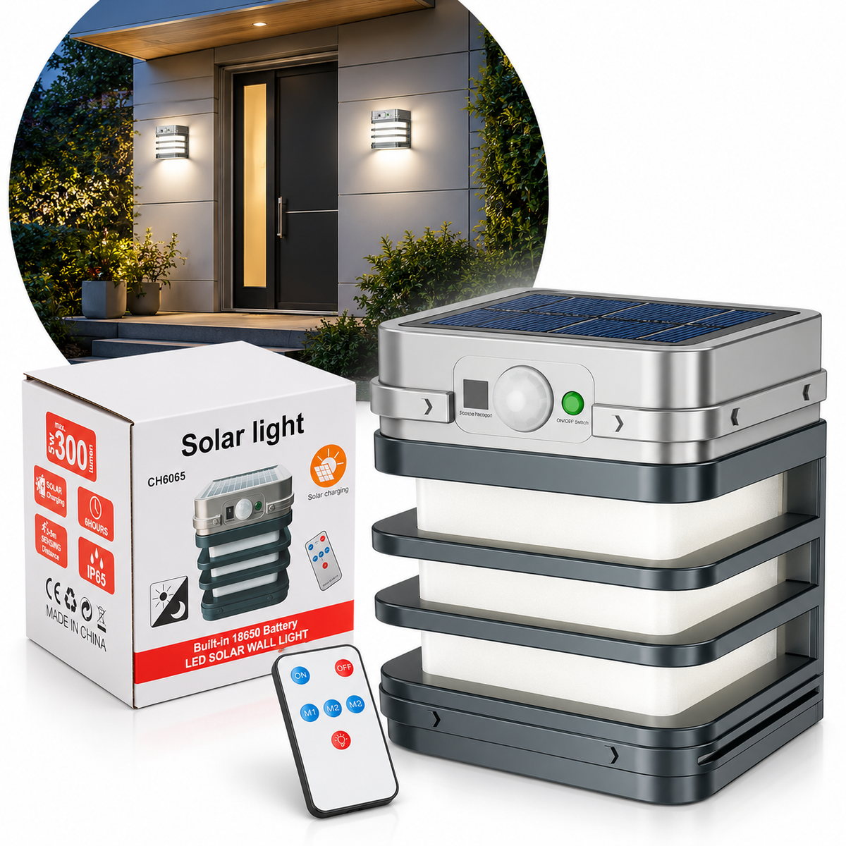 Lampe Applique Murale Solaire Intelligente à LED avec Télécommande - مصباح حائط شمسي ذكي مقاوم للماء