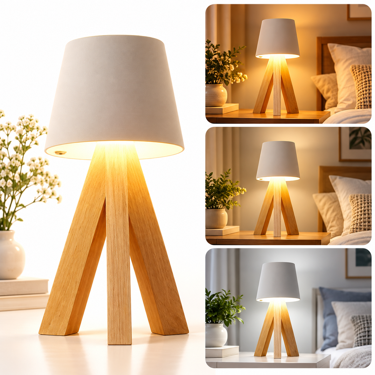 Lampe de Table LED Décorative en Bois, Rechargeable et Tactile — مصباح طاولة خشبي ديكوري قابل للشحن بالتحكم باللمس