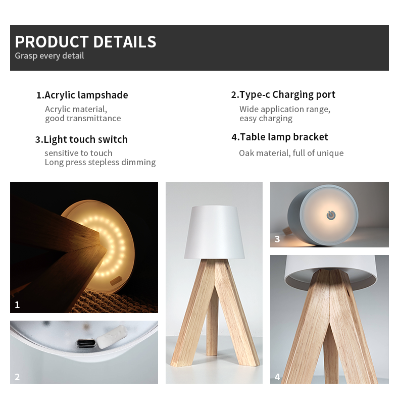 Lampe de Table LED Décorative en Bois, Rechargeable et Tactile — مصباح طاولة خشبي ديكوري قابل للشحن بالتحكم باللمس