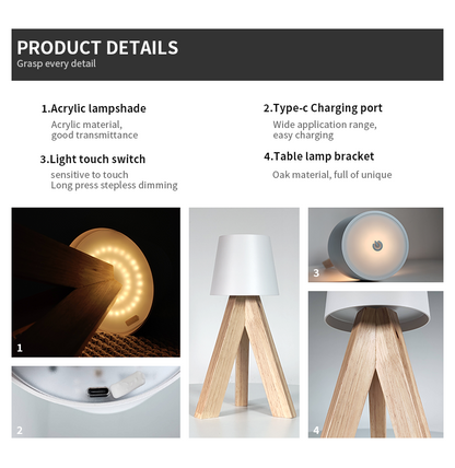 Lampe de Table LED Décorative en Bois, Rechargeable et Tactile — مصباح طاولة خشبي ديكوري قابل للشحن بالتحكم باللمس