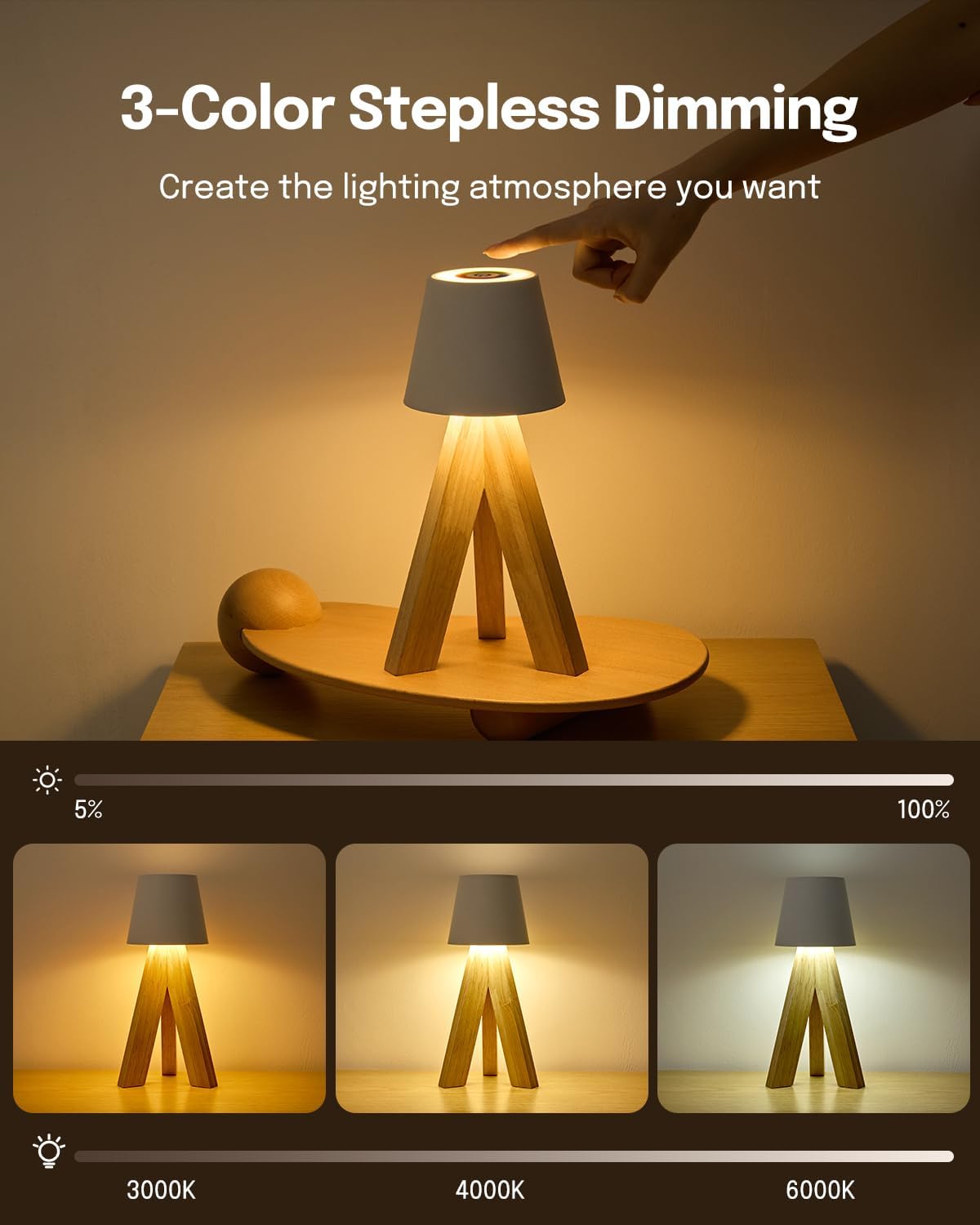Lampe de Table LED Décorative en Bois, Rechargeable et Tactile — مصباح طاولة خشبي ديكوري قابل للشحن بالتحكم باللمس