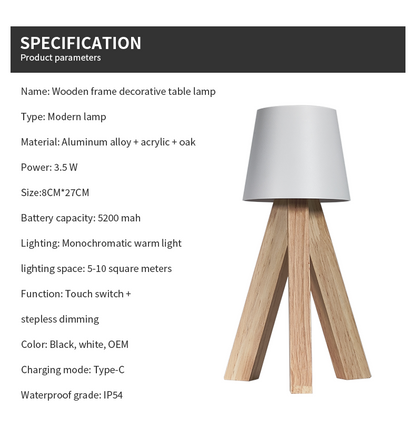 Lampe de Table LED Décorative en Bois, Rechargeable et Tactile — مصباح طاولة خشبي ديكوري قابل للشحن بالتحكم باللمس
