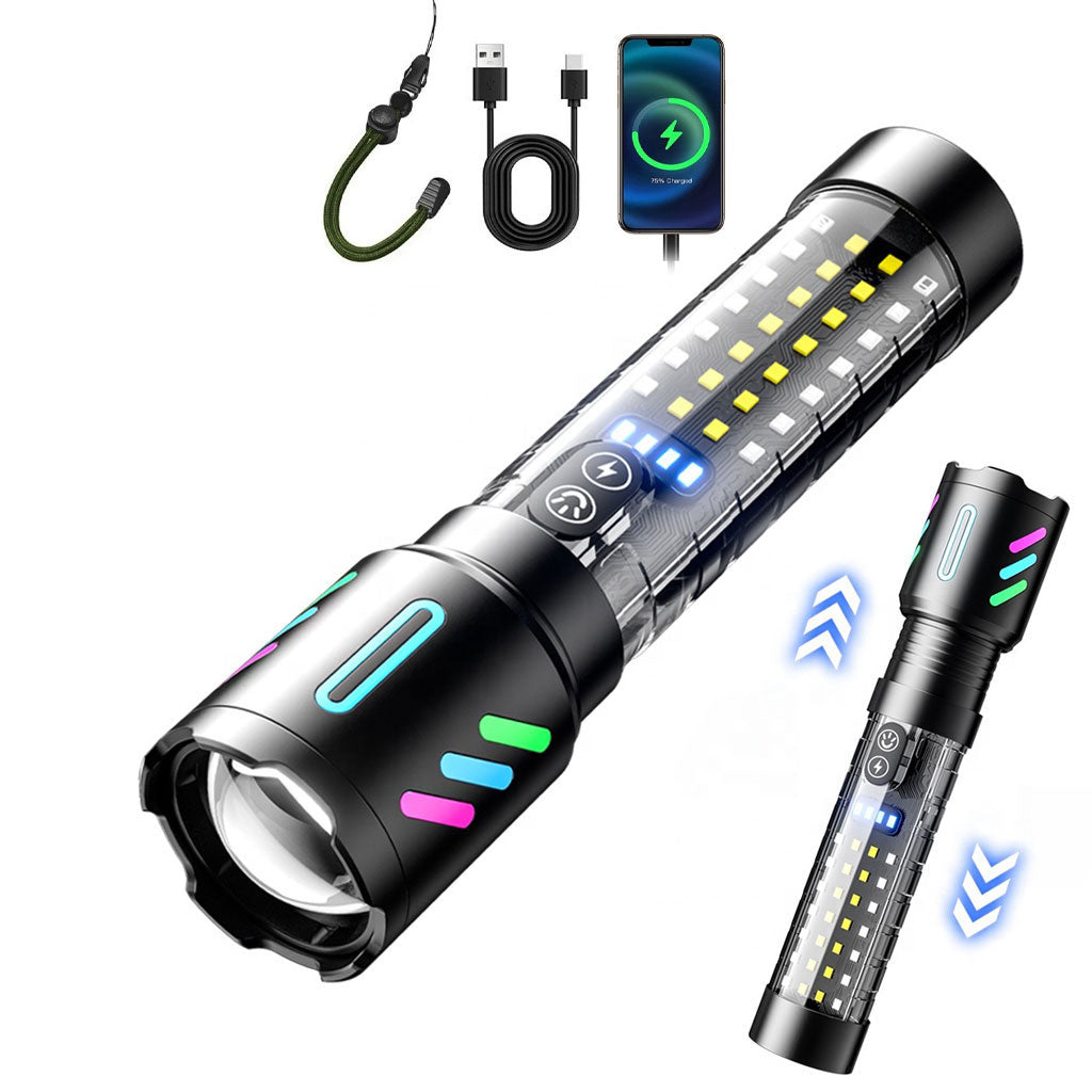 Lampe Torche Tactique LED Rechargeable USB-C - مصباح يدوي تكتيكي فائق السطوع (1000 لومين) مع إضاءة جانبية