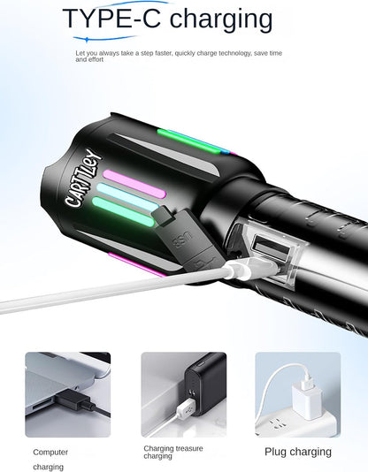 Lampe Torche Tactique LED Rechargeable USB-C - مصباح يدوي تكتيكي فائق السطوع (1000 لومين) مع إضاءة جانبية