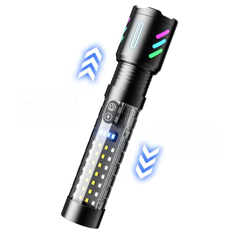 Lampe Torche Tactique LED Rechargeable USB-C - مصباح يدوي تكتيكي فائق السطوع (1000 لومين) مع إضاءة جانبية
