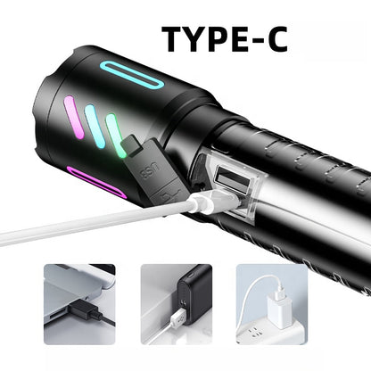 Lampe Torche Tactique LED Rechargeable USB-C - مصباح يدوي تكتيكي فائق السطوع (1000 لومين) مع إضاءة جانبية