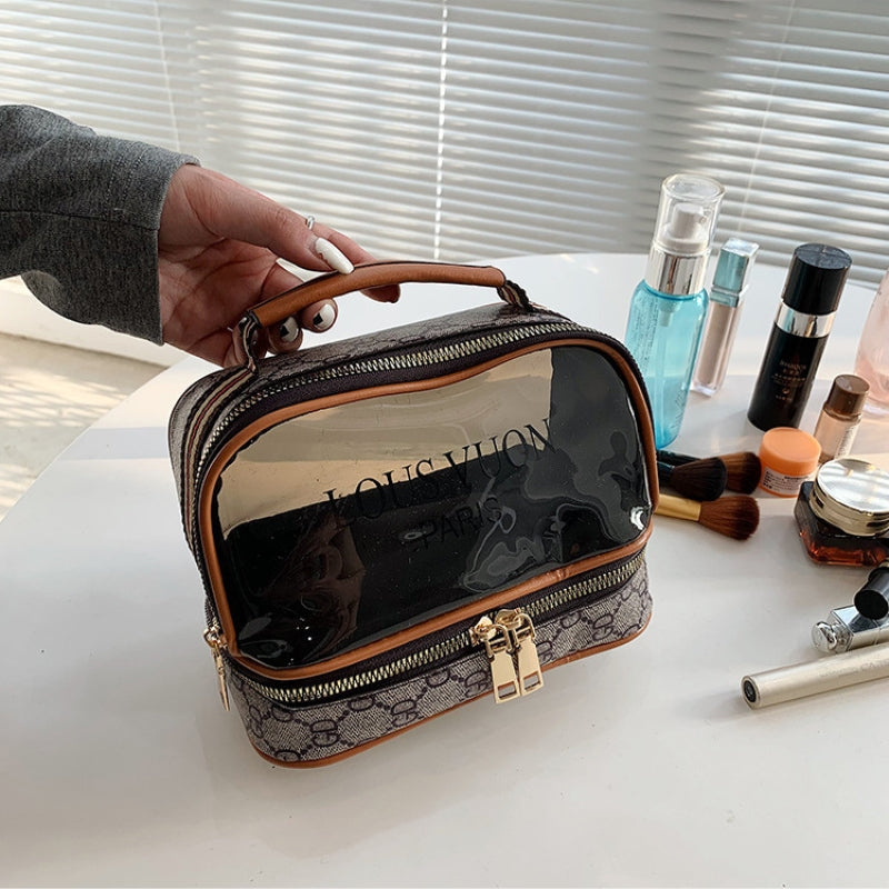 Trousse de toilette transparente double couche pour femmes, sac cosmétique étanche de grande capacité