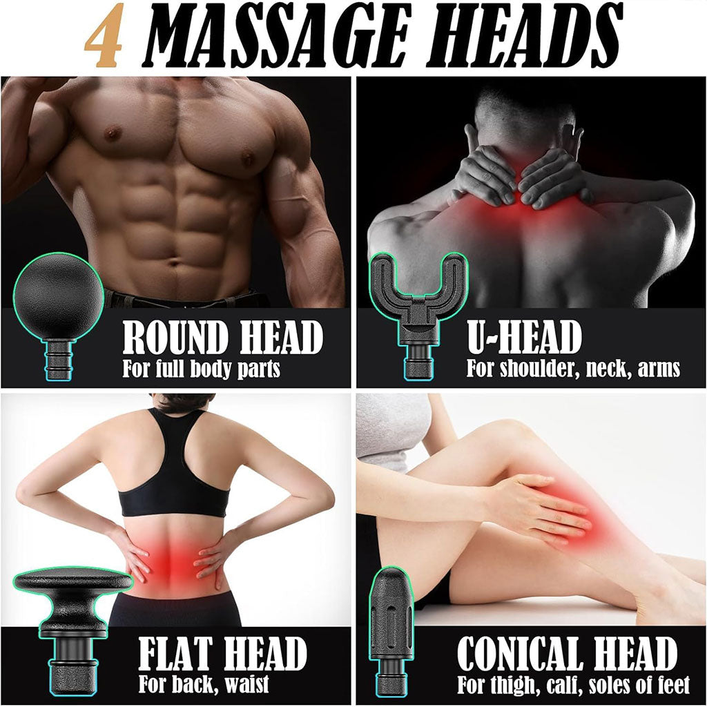 Pistolet de massage poignée allongée avec 4 têtes, 3 modes et 6 niveaux – جهاز تدليك الجسم