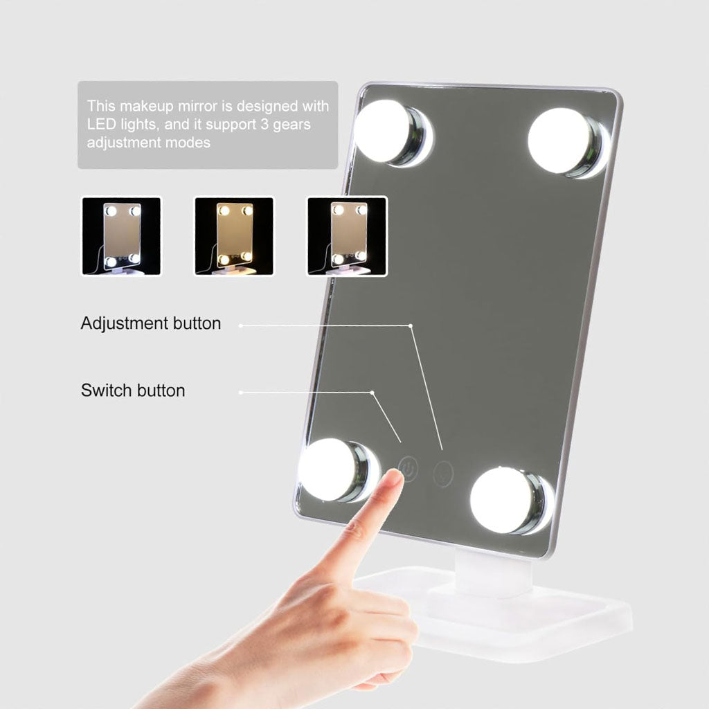 Miroir de Maquillage avec 4 ampoules LED Contrôle tactile intelligent et rotation à 360° – مرآة المكياج