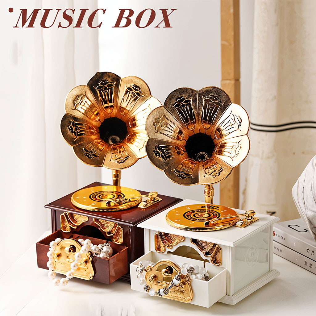 Phonographe trompette dorée et boîte à Bijoux Décorative – صندوق موسيقي تنزوت