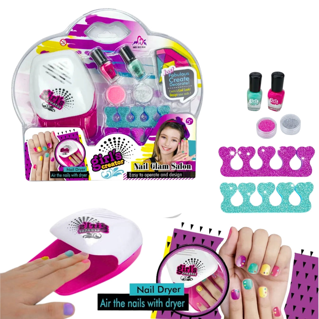 Kit de salon Nail Glam lavable pour enfants avec sèche-ongles - طقم صالون تجميل الأظافر للأطفال قابل للغسل مع مجفف للأظافر