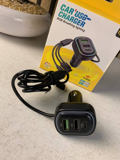 Chargeur de voiture à 3 ports avec câble de charge 3 en 1 intégré (Lightning/Type-C/Micro USB) - شاحن سيارة