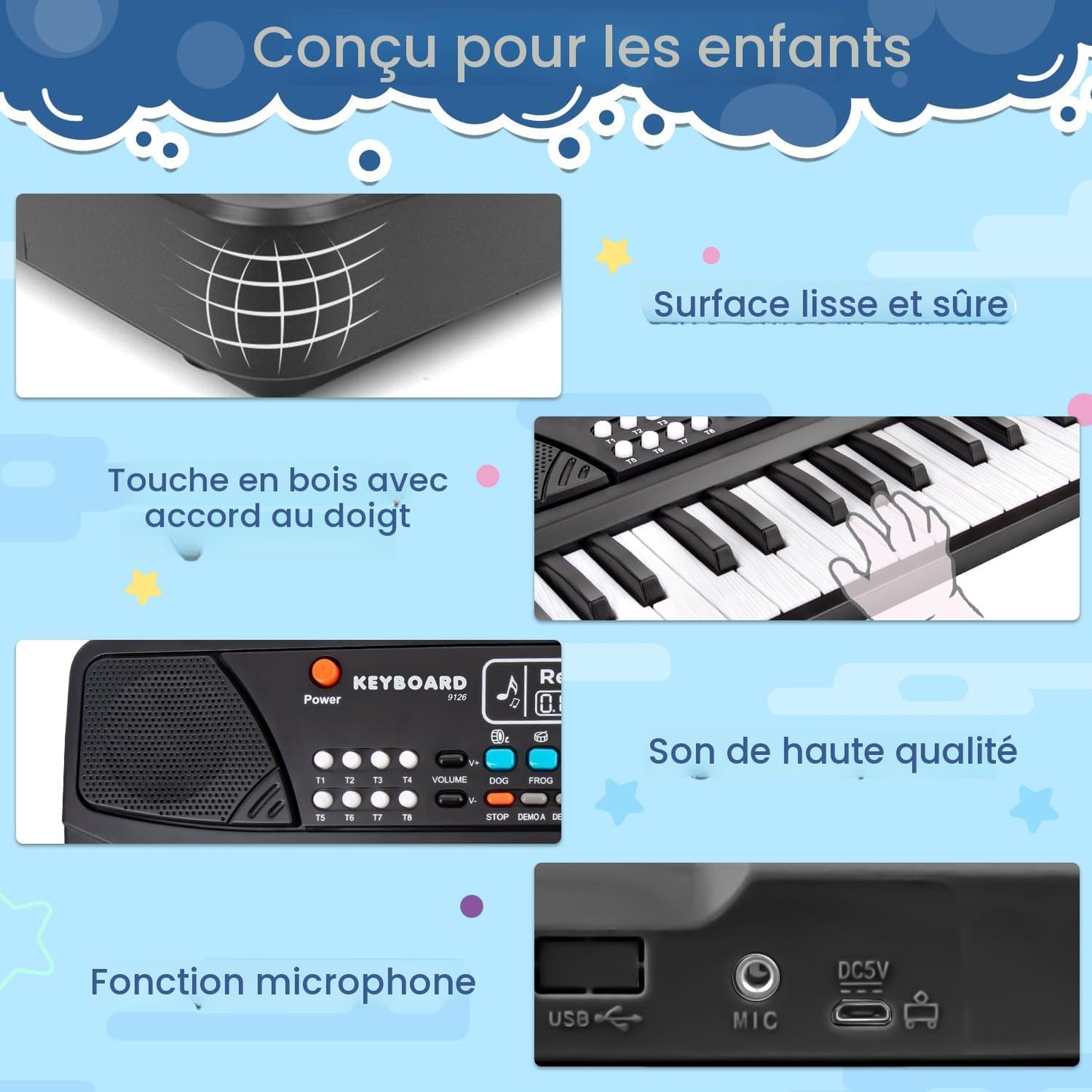 Piano éducatif à clavier électronique pour enfants, avec microphone et 37 touches - بيانو تعليمي بـ 37 مفتاحاً للأطفال