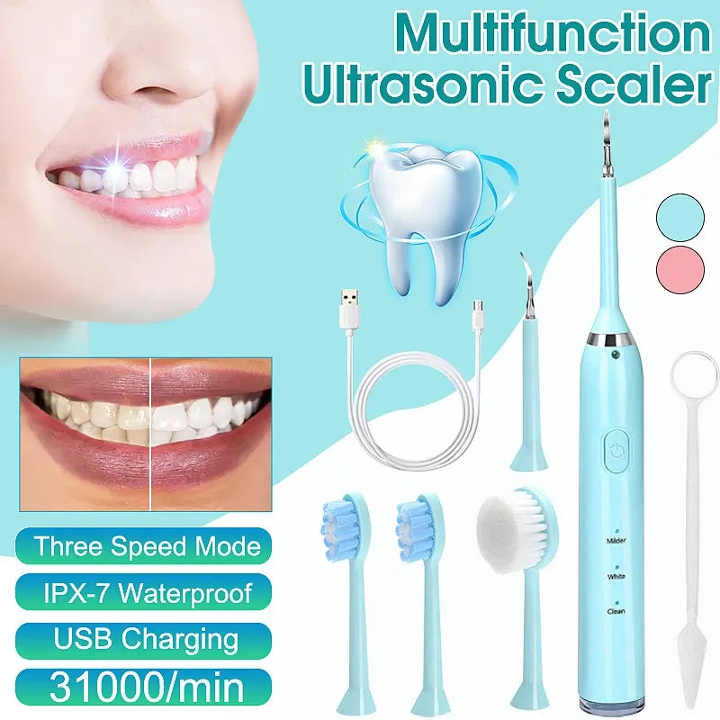 Brosse à dents à ultrasons 3en1 Nettoyeur de dents étanche IPX7 Kit de nettoyage dentaire en mode muet à trois vitesses avec charge USB