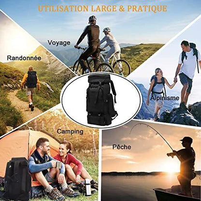 Sac à dos Randonnée professionnel en toile de Camouflage étanche à double épaule 90 L - Noir