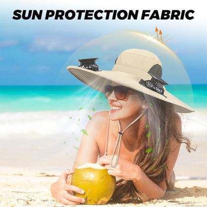 Chapeau de soleil à large bord avec double ventilateur – قبعة للحماية من الشمس مع مروحات