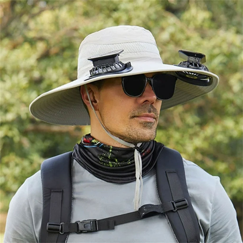 Chapeau de soleil à large bord avec double ventilateur – قبعة للحماية من الشمس مع مروحات