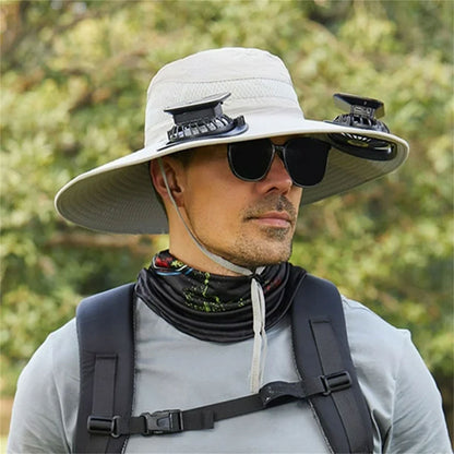 Chapeau de soleil à large bord avec double ventilateur – قبعة للحماية من الشمس مع مروحات