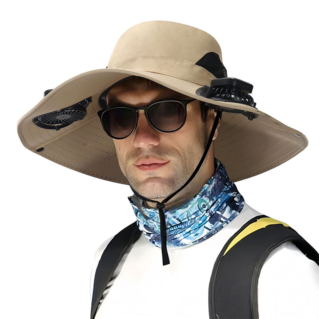 Chapeau de soleil à large bord avec double ventilateur – قبعة للحماية من الشمس مع مروحات