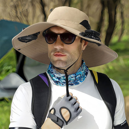 Chapeau de soleil à large bord avec double ventilateur – قبعة للحماية من الشمس مع مروحات