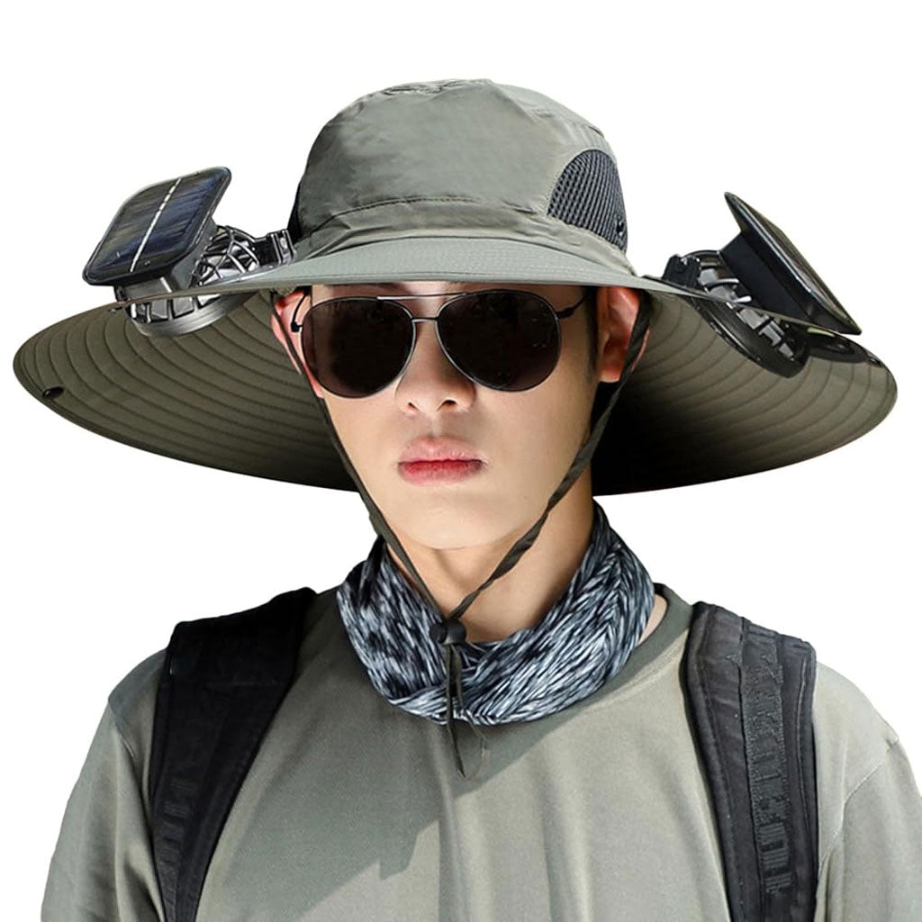 Chapeau de soleil à large bord avec double ventilateur – قبعة للحماية من الشمس مع مروحات