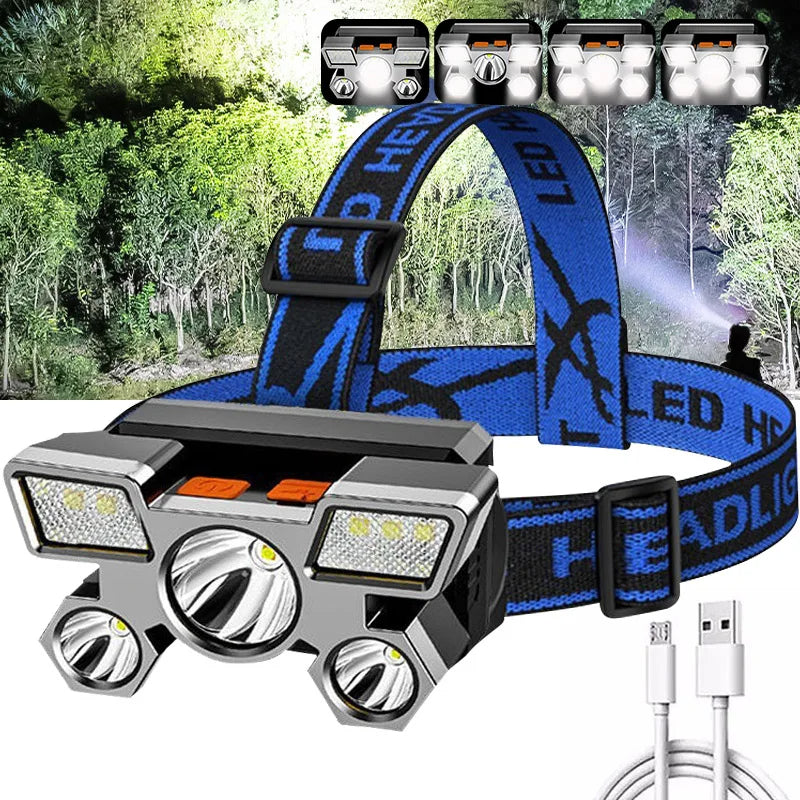 Lampe frontale portable rechargeable USB à 5 LED avec batterie intégrée تنزوت
