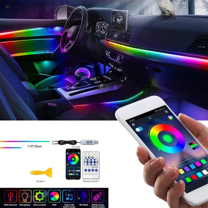 Bande lumineuse LED en néon RGB pour intérieur de voiture, éclairage suivi son d'ambiance Avec app et télécommande