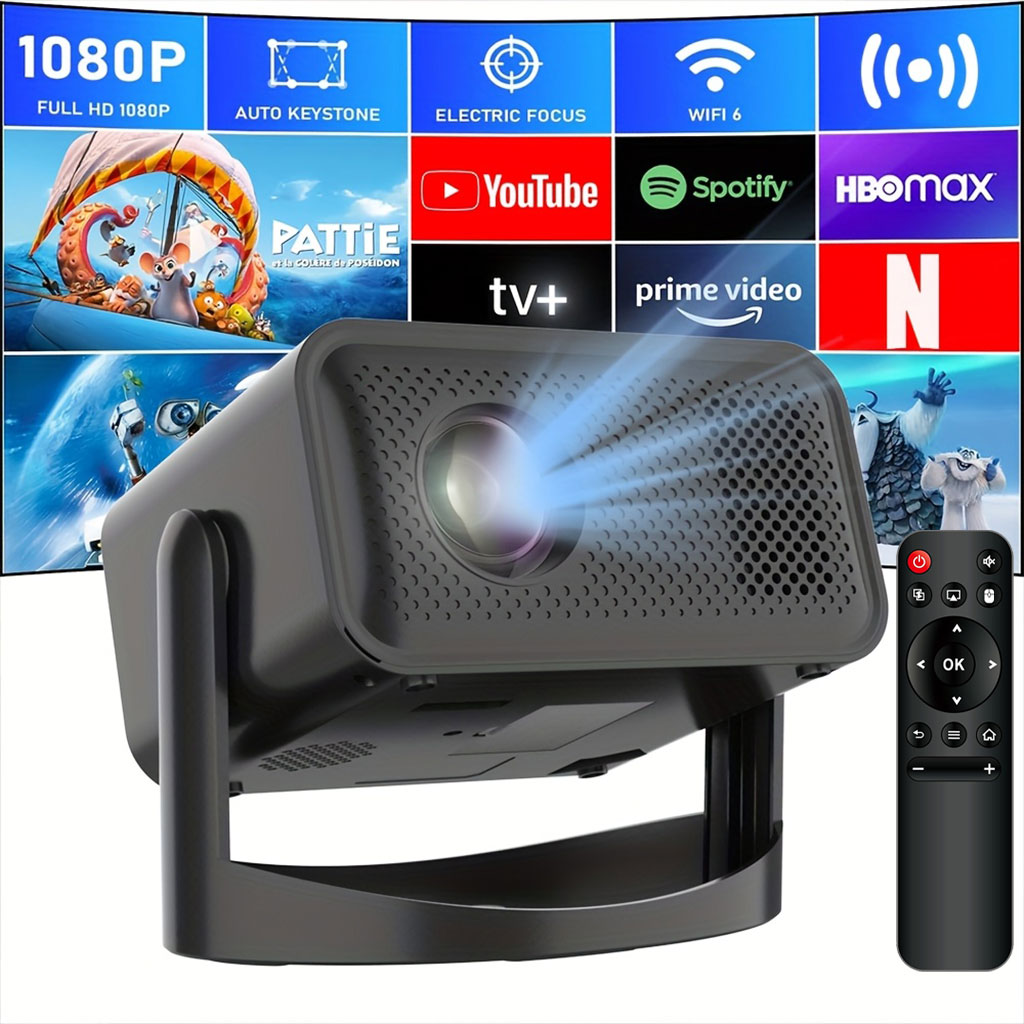 Projecteur Wi-Fi Full HD 1080p avec support réglable à 360° et mise au point électrique – جهاز عرض على الحائط ذكي